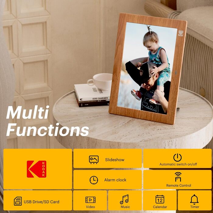 Цифровий фотоальбом KODAK 10 дюймів з пультом, без Wi-Fi, IPS-дисплей 1280x800, відтворення фото/відео/музики, USB/SD, дерев'яний корпус