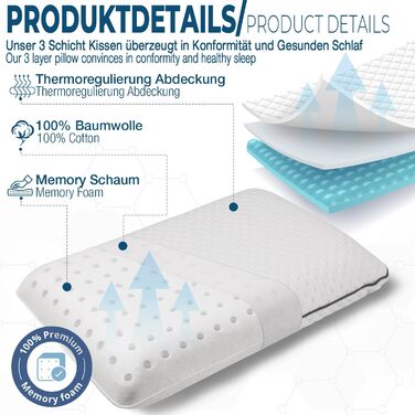 Подушка з піною з пам'яті Alkamto 70 x 45 см - ергономічна підтримка шиї - сертифікат Oeko-Tex - терморегулююча наволочка - гіпоалергенна та придатна для прання - для сну на спині та на боці 70 x 45 x 12 см