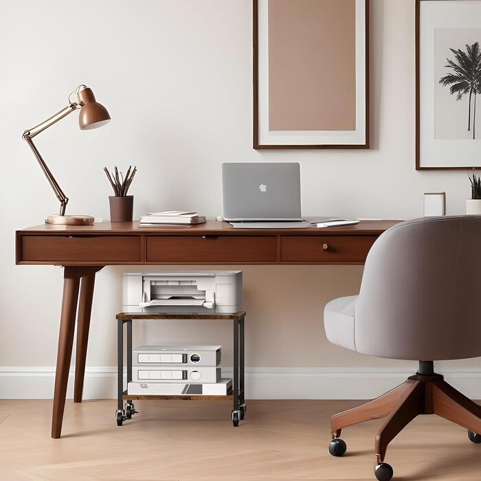 Двоярусний столик для принтера з роликами, 30x42x37 см, дерев'яний та металевий, мобільний, для офісу та вітальні (колір: коричневий)