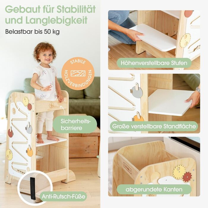 Дитячий навчальний столик-лесенка EXPLORER Kids® 5-в-1 | Монтессорі | Регульована висота, захист від перекидання | Розвиває моторику, вивчення чисел та форм | Дерев'яний, білий та салатовий | Від 1 року