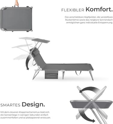 Лежак для відпочинку Tectake®: складаний, портативний, з кишенею, для балкона, тераси, кемпінгу (сірий)