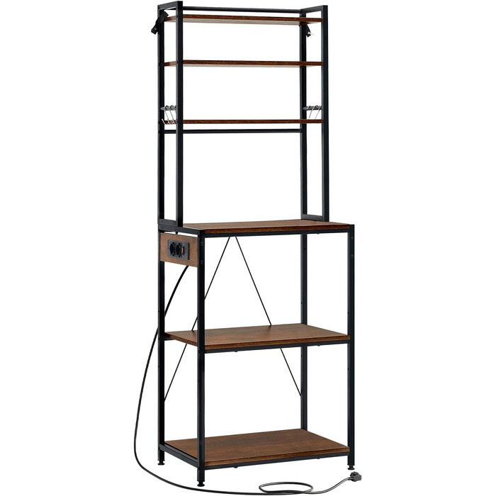 Кухонна полиця WOLTU з 6 ярусами, з розетками, мікрохвильова полиця з 6 гачками, полиця пекаря з металевим каркасом, регульовані полиці, Чорний+Рустикальне коричневий, 60 x 167 x 40 см