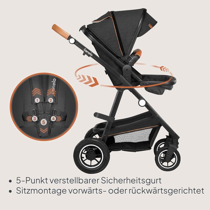 Комплект Lionelo Amber 3-в-1: коляска, ванночка для новонароджених, автокрісло i-Size, чорний