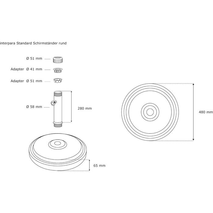 Підставка для парасольки Paramondo, кругла, срібна, з полімерного бетону, для масту діаметром до 50 мм, з адаптерними гільзами