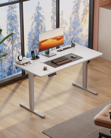 Регульований стіл з USB-зарядкою та розеткою, 100 × 60 см. Електричний стіл, регульований комп'ютерний стіл з 3-функціональною пам'яттю, білий. 100 x 60 см