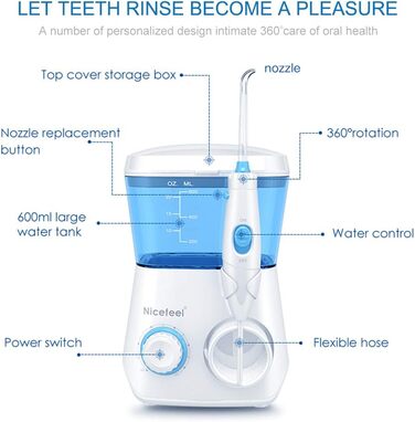 Електричний ірригатор для порожнини рота TUREWELL з 10 рівнями тиску та 8 насадками, IPX7, 600 мл, для дому (відбілювання)