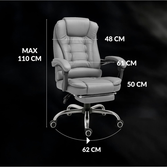 Ергономічне крісло для офісу RMF, регульоване, з підніжкою – зручне та розслаблююче крісло для робочого столу, обертається, регулювання висоти, сіре