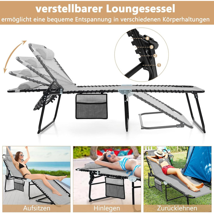 Шезлонг для саду Costway з підголівником та кишенею, висока посадка, регульована спинка, вантажопідйомність до 150 кг, сірий (188 x 59 x 41 см)