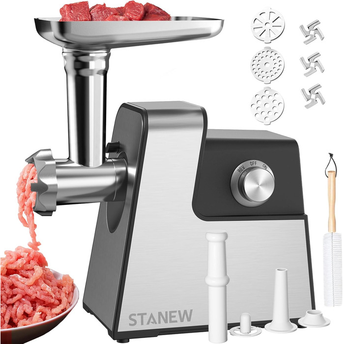 Електрична м'ясорубка STANEW Fleischwolf 4-в-1, 3500W з 3-ма нержавіючими ножами та насадками для ковбас