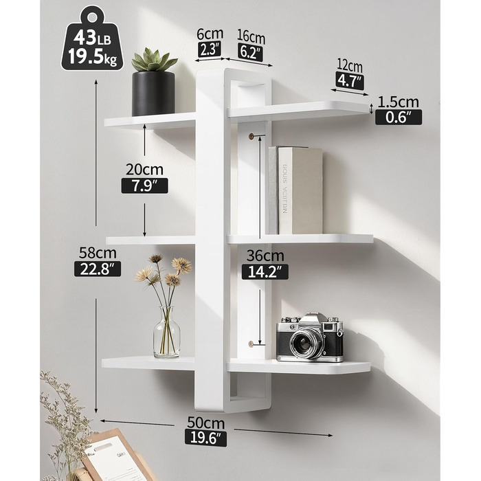 Полиця настінна дерев'яна SUMGAR, плаваючі полиці, 3-ярусна, біла 50x58 см для вітальні, спальні