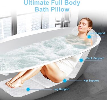 Подушка для ванни з піни memory foam, біла, з присосками, для шиї та спини, 4D вентиляція, 6 присосок (довга, квадратна)