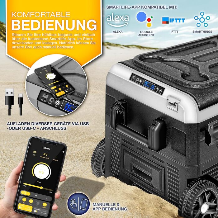 Автомобільний холодильник Tillvex® Kompressor 40-60л з Wi-Fi, 12/24V/230V, до -20°C для авто, вантажівок, кемпінгу