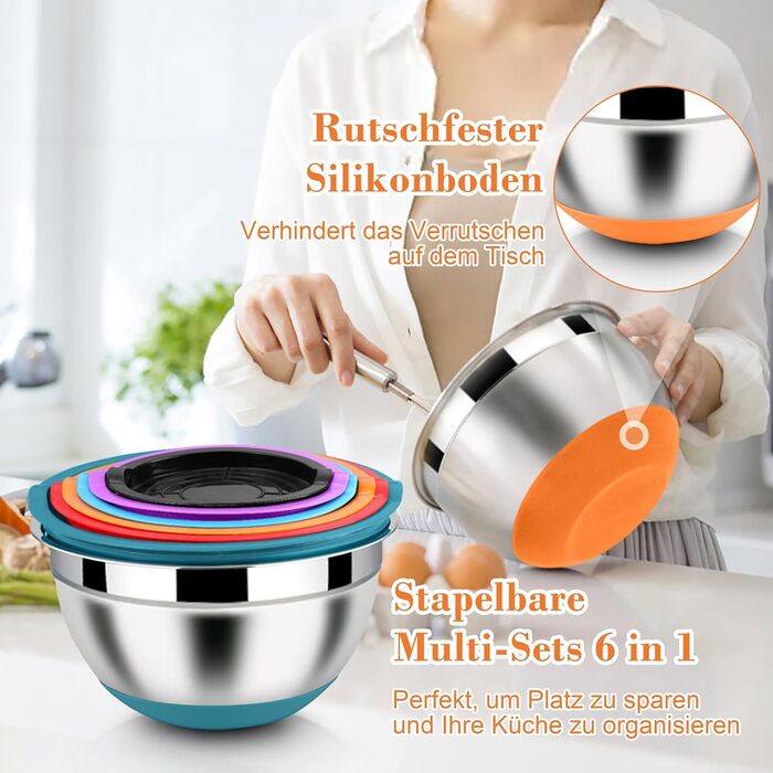 Набір місок Homikit з нержавіючої сталі, 6 шт. з тертками, кришками та силіконовим дном, 4.6/2.8/2.5/1.6/1.2/0.7 л, багатобарвний