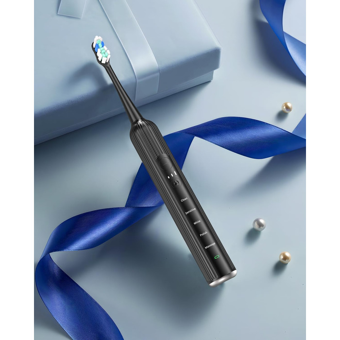 Електрична зубна щітка звукового типу для дорослих та дітей, 5 режимів чищення, 3 інтенсивності, таймер, 8 насадок, чорна, 1 шт.