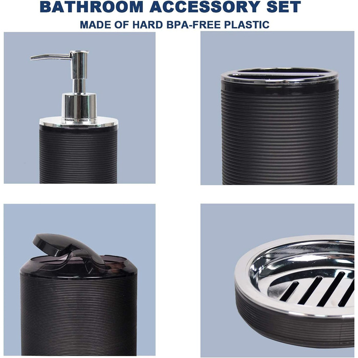 CERBIOR Набір аксесуарів для ванної кімнати, 6 шт. (дозатор для мила, тримач для зубних щіток, стакан для щіток, мильниця) чорний