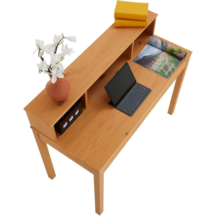 Красивий письмовий стіл з 3 нішами, Практичний стіл для ПК з 2 ящиками, Позачасовий офісний стіл з масиву сосни (коричневий)