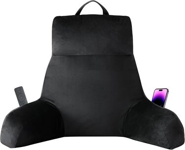 Крісло-мішок з підлокітниками для дорослих, подушка для спини для відпочинку в ліжку, з піною з пам'яті та кишенями, знімний, пральний чохол, для релаксації, перегляду телевізора, чорний, X-Large (24 дюйми)