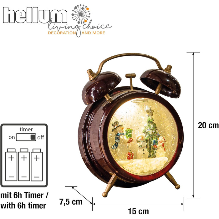 LED ліхтар Hellum Снігова куля на Новий Рік, 14x20 см, святкова прикраса, батарейний, прикраса на Різдво, 524321 (Сніговик, будильник)