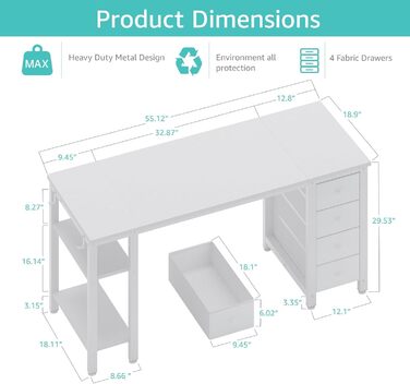 Комп'ютерний стіл Lufeiya з 4 висувними ящиками та полицями для зберігання, для дому, офісу, спальні, сучасний, простий дизайн, для студентів, ПК, 119,4 см