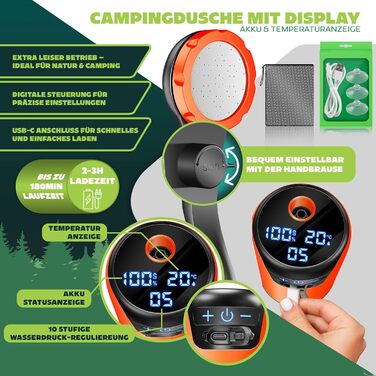 Соняшний душ KESSER® з насосом та акумулятором 8000mAh. Комплект для кемпінгу: регульована лійка, шланг 2м, пістолет-розпилювач, кріплення. Без бака, оранжевий/чорний