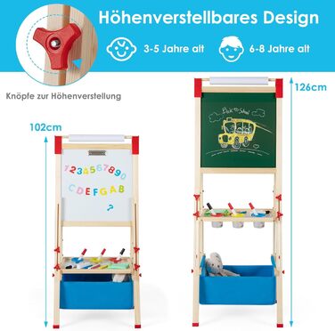 Дитяча мольберт COSTWAY 3 в 1: регульована висота, двостороння дошка для малювання, біла та крейдяна дошка, папір для малювання з літерами та цифрами, коробка для зберігання