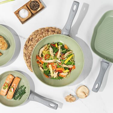 Сковорода-гриль SALTER Earth Grill 28 см з виливом, квадратна, для стейків, сумісна з індукцією, без PFAS/PFOA, алюміній з титановою основою, керамічне покриття, легко миється, з бакелітовою ручкою, зелена