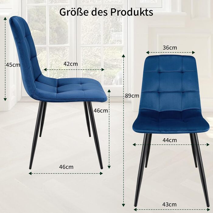 Набір обідніх стільців, м'який стілець з оксамитовою оббивкою та чорними металевими ніжками, кухонні стільці з номінальною вантажопідйомністю 120 кг, (6 шт., блакитний)