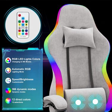 Ігровий крісло Devoko з тканини, з LED-підсвіткою, ергономічний офісний крісло з масажем та телескопічною підніжкою, регульована спинка 90-135°, вантажопідйомність 150 кг (Сірий, Canvas)