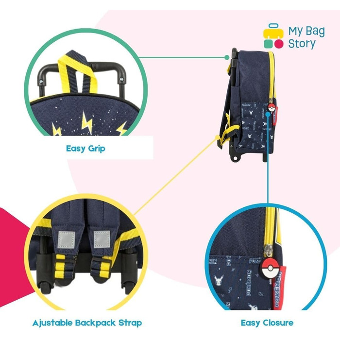 Візок - Покемон - Синій - Діти - Школа - Дитячий садок - Початкова школа - Шкільна сумка для хлопчиків - Розмір 32 см - Регульовані ремені - Колеса - Ідея для подарунка, Синій, 32 см, Класичний