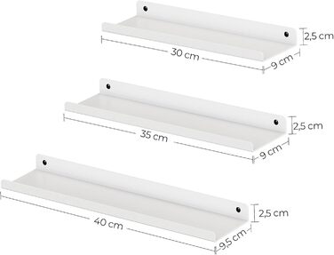 Набір металевих настінних полиць SONGMICS (3 шт.), підвісні полиці в індустріальному стилі для вітальні, кухні та ванної кімнати, білий колір, LFS12BK