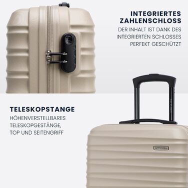 Набір валізWITTCHEN 3в1: велика, середня, маленька. Жорсткий корпус ABS, 4 колеса, кодовий замок. Підходить для Lufthansa, Eurowings, Ryanair, Condor. Бежевий колір.