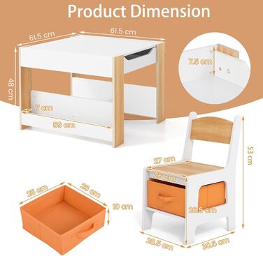 Дитячий стіл LIFEZEAL 3 в 1 з 2 стільцями: стіл для малювання, активностей та ігор. Дерев'яна дитяча група з місцем для зберігання (натуральний колір)