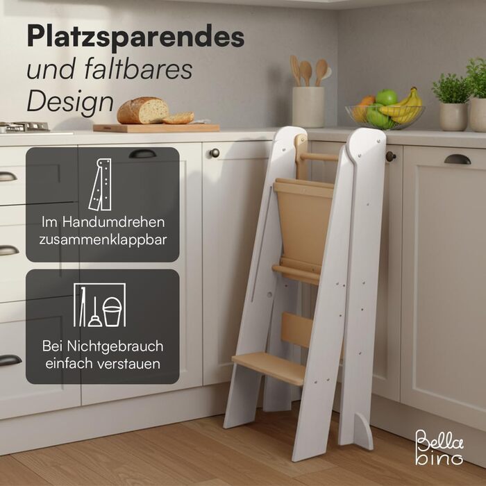 Лернтурм Bellabino Tay – навчальний столик для дітей від 1 року, регульована висота, білий, Монтессорі, з захистом від перекидання, з натурального дерева