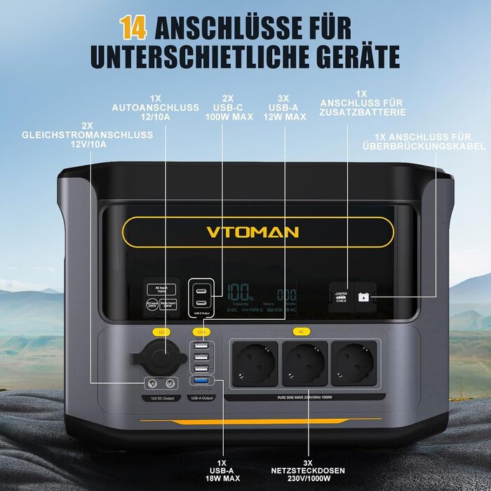 Портативна електростанція VTOMAN 1000W (2300W пік), 828Wh LiFePO4 з сонячною панеллю 110W, швидка зарядка 0-80% за 60 хв, розширювана до 2376Wh для надзвичайних ситуацій, кемпінгу, подорожей, автодому (FS1000-B)