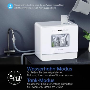 Посудомийна машина AIRMSEN міні, компактна з пом'якшувачем води, 7 програм, 5л бак, з підключенням до води або без, біла