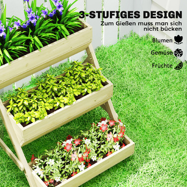 Вертикальне квіткове горщево з 3 ярусами. Дерев'яний вертикальний сад з 3 касетами для рослин, дренажними отворами та зеленим дизайном.