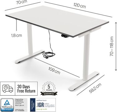 Письмовий стіл Yaasa Basic S, 120x70 см, білий, вкл. ключовий замок, USB-порт для зарядки