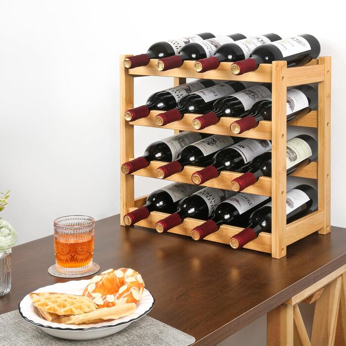 Стойка для вина VASMIA з бамбука, 3-ярусна, на 12 пляшок, для кухні та комори, білий колір