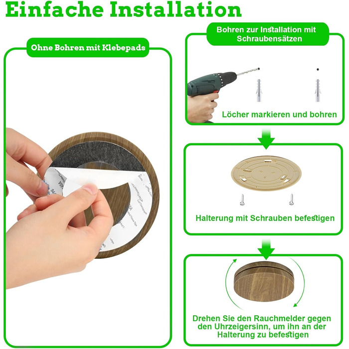 Датчик диму Rauchmelder з батареєю на 10 років, плоский, сертифікований TÜV Rheinland, з функцією вимкнення звуку, гучний 85dB сигнал, автономний, чутливий до вогню, білий (набір 6 шт., колір дерева)