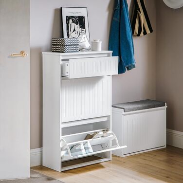 SoBuy Взуттєва шафа з 2 відкидними дверцятами, полицями та висувною шухлядою, біла, 61x100x26 см (FSR165-W)