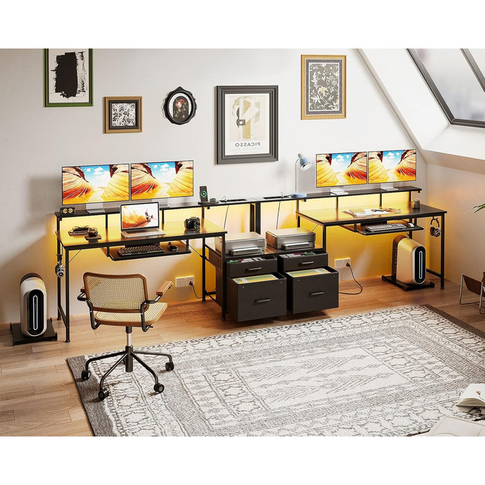 Ігровий стіл Coleshome з LED підсвічуванням, стіл для дому та офісу з ящиками з тканини, комп'ютерний стіл з 2 розетками та 2 USB-портами, стіл для геймінгу з підставкою для монітора, білий (140x48 см, чорний)