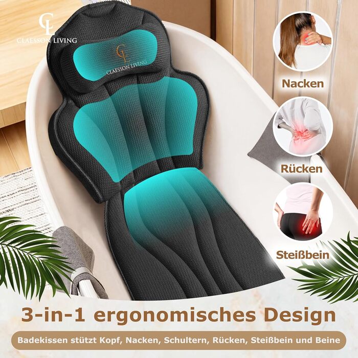 Подушка для ванни повномірна (152x56 см) з підголівником (11 см) чорного кольору – підтримка шиї, спини та ніг. Зі сумкою для прання та подорожей, гачком для сушіння.