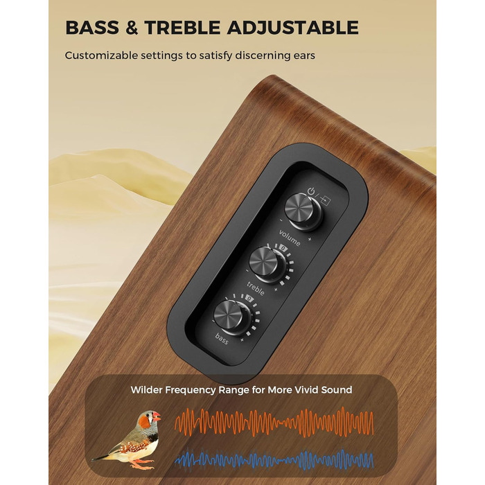 Активні полочні колонки 36W RMS, бездротові Bluetooth 5.4 динаміки для ПК з 5-дюймовим вуфером, USB-цифровим аудіо, регулюванням басів та високих частот, студійні монітори з RCA для вінілового програвача та ТВ, дерево