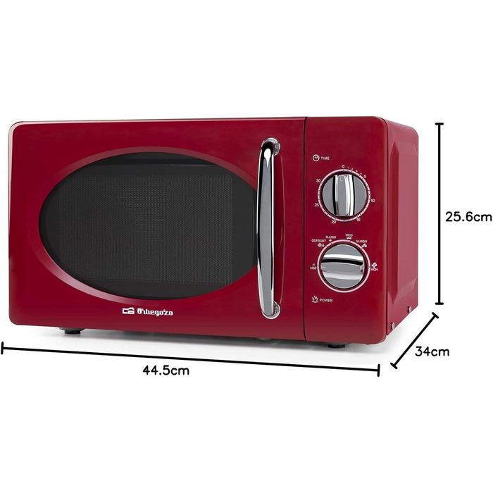 Мікрохвильова піч Orbegozo MI2020 20л, 700 Вт, червона, ретро-дизайн, 6 рівнів потужності, таймер 30 хв