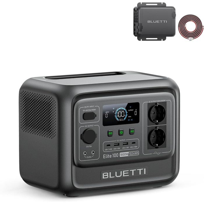 Портативна електростанція BLUETTI Elite 100 V2: 1024Wh, LFP акумулятор, 1800W (3600W пік), сонячний генератор для кемпінгу та резервного живлення