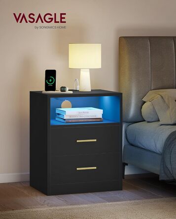 VASAGLE Custos: Набір з 2 тумбочок з LED-підсвічуванням та зарядкою, чорний, з шухлядами, 2 розетки AC та USB