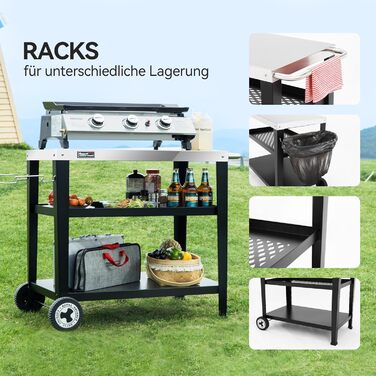 Сервісний візок Royal Gourmet з 3 ярусами, контейнер для сміття, візок для кухні, приставний столик, гриль Plancha, візок для гриля, з нержавіючої сталі, срібний, робоча поверхня 85 x 50 см