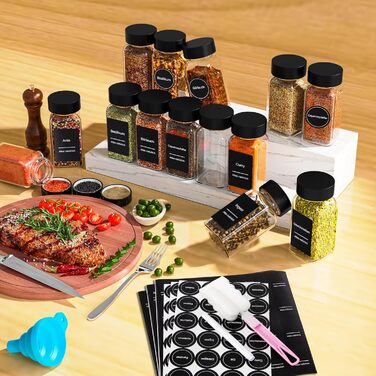 Набір баночок для спецій на 24 шт. (120 мл) – чорний, з кришками, ситечком, воронкою та 340 етикетками | Органайзер для спецій