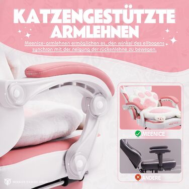 Ігровий крісло MEENICE Pink Katze з підголовником у вигляді лапки кота та вушками, з підніжкою, ергономічний ПК стілець для дітей та дорослих, рожево-білий, 200 кг