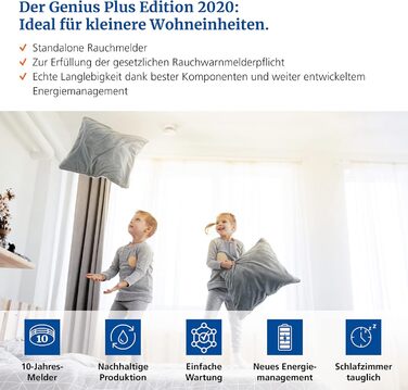 Датчик диму Hekatron Genius Plus з батареєю на 10 років – Тест-переможець Stiftung Warentest – Зроблено в Німеччині – з клейкою підкладкою – з підтримкою додатку – 1 шт.